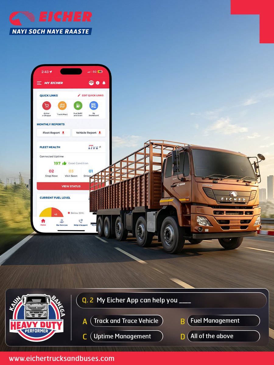 ETBIndia's tweet image. Fleet management, simplified.
The MyEicher App gives you live tracking, fuel insights and more — but do you know its full potential? 

Check out Question 2 and tell us more...

#EicherHeavyDutyTrucks #MyEicherApp #SmartLogistics #TruckTrivia #FleetManagement