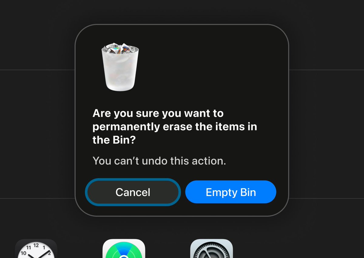 fudailzafar's tweet image. Destructive actions should feel serious, not confusing.

Designed the bin confirmation dialog —
inspired by Apple’s clarity-first UI and @yashwanth941v’s clean style.

Focused on hierarchy, readability, and preventing mistakes.

Thoughts? 

#DailyUI #UXDesign #DesignTwitter