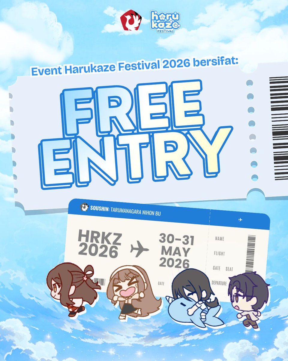 harufest's tweet photo. 🌊✨ Harukaze Festival 2026 ✨🌊

HARUKAZE FESTIVAL 2026 bersifat free entry yaa minna!! ✨ Yuk datang dan ikuti keseruannya 😆🙌🏻

DETAIL EVENT
📍Lokasi: Auditorium &amp; Graha Swara Lt 8, Gedung M, Universitas Tarumanagara 
🗓30-31 Mei 2026
🎟️HTM: FREE!!!

Catat tanggalnya yaa !!! https://t.co/69fIq2itEy