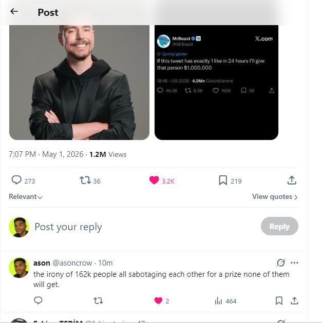 asoncrow's tweet photo. been testing a tiny tool that writes replies designed to actually get noticed

used one on a big tweet → 464 views in ~10 mins

still rough but kinda wild seeing it work in real time

curious if anyone else struggles with writing replies that land https://t.co/11v1UM7hW9