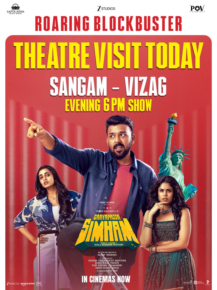 SAMWoffl's tweet photo. Hello Vizag Simhalu!
It’s time to roar with love and energy 🦁

Team #GaayaPaddaSimham will be coming to Sangam Theatre today for the 6 PM show ❤️‍🔥 

Book your tickets now for #GPS 🫶 
🎟️https://t.co/ZoLkOUvCNU https://t.co/xMMNbf3JVV