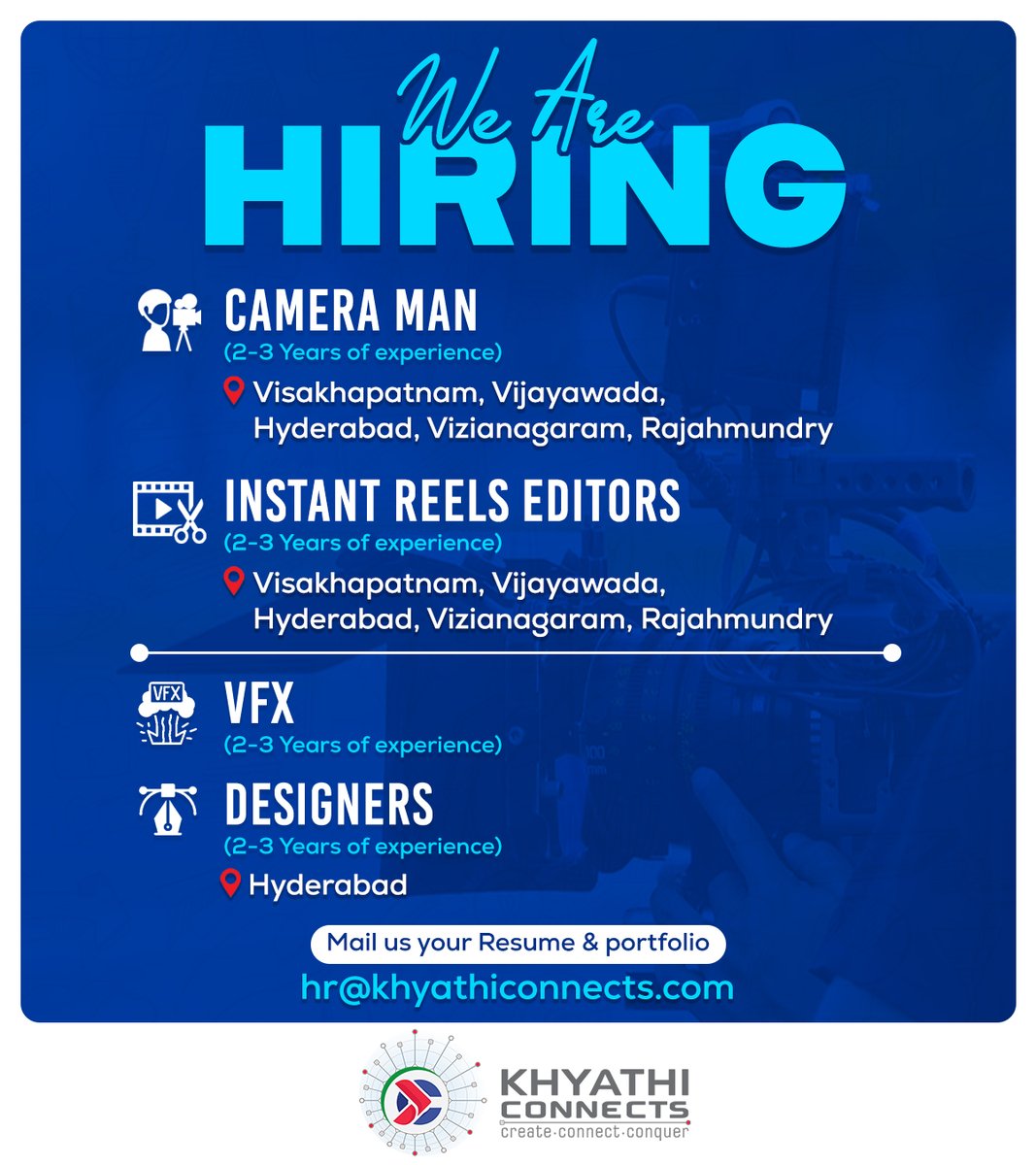 KhyathiConnects's tweet image. WE’RE HIRING — IMMEDIATE JOINERS PREFERRED!
Looking to level up your creative #career? Join #KhyathiConnects and start working on exciting, fast-paced projects right away.

Send your Portfolio to: hr@khyathiconnects.com

#WeareHiring #JobAlert #jobs #jobupdates