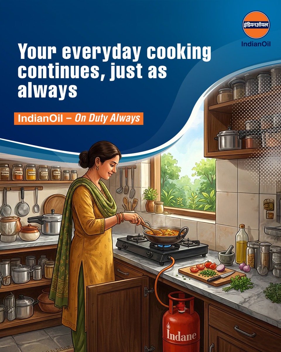 IndianOilcl's tweet image. Your everyday cooking continues without worry, because LPG supply remains adequate and distribution networks continue to serve homes efficiently.

#IndianOil #Indane #LPGSupply #AdequateSupply #OnDutyAlways #StayCalmIndia
@HardeepSPuri @PetroleumMin @neerajmittalias