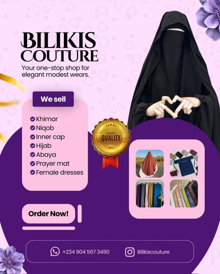 shade_designs2's tweet image. I designed a brand flyer called Bilikis Couture. A brand that deals in modest wears like khimar, hijabs, niqobs &amp;amp; so on. 

Since it's a feminine brand I choose a feminine color (purple), purple is an elegant color which best suit her brand. 
 #graphicdesign