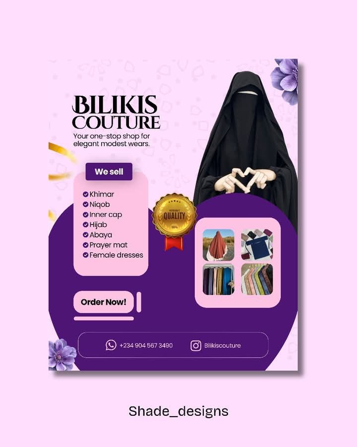 shade_designs2's tweet image. I designed a brand flyer called Bilikis Couture. A brand that deals in modest wears like khimar, hijabs, niqobs &amp;amp; so on. 

Since it's a feminine brand I choose a feminine color (purple), purple is an elegant color which best suit her brand. 
 #graphicdesign