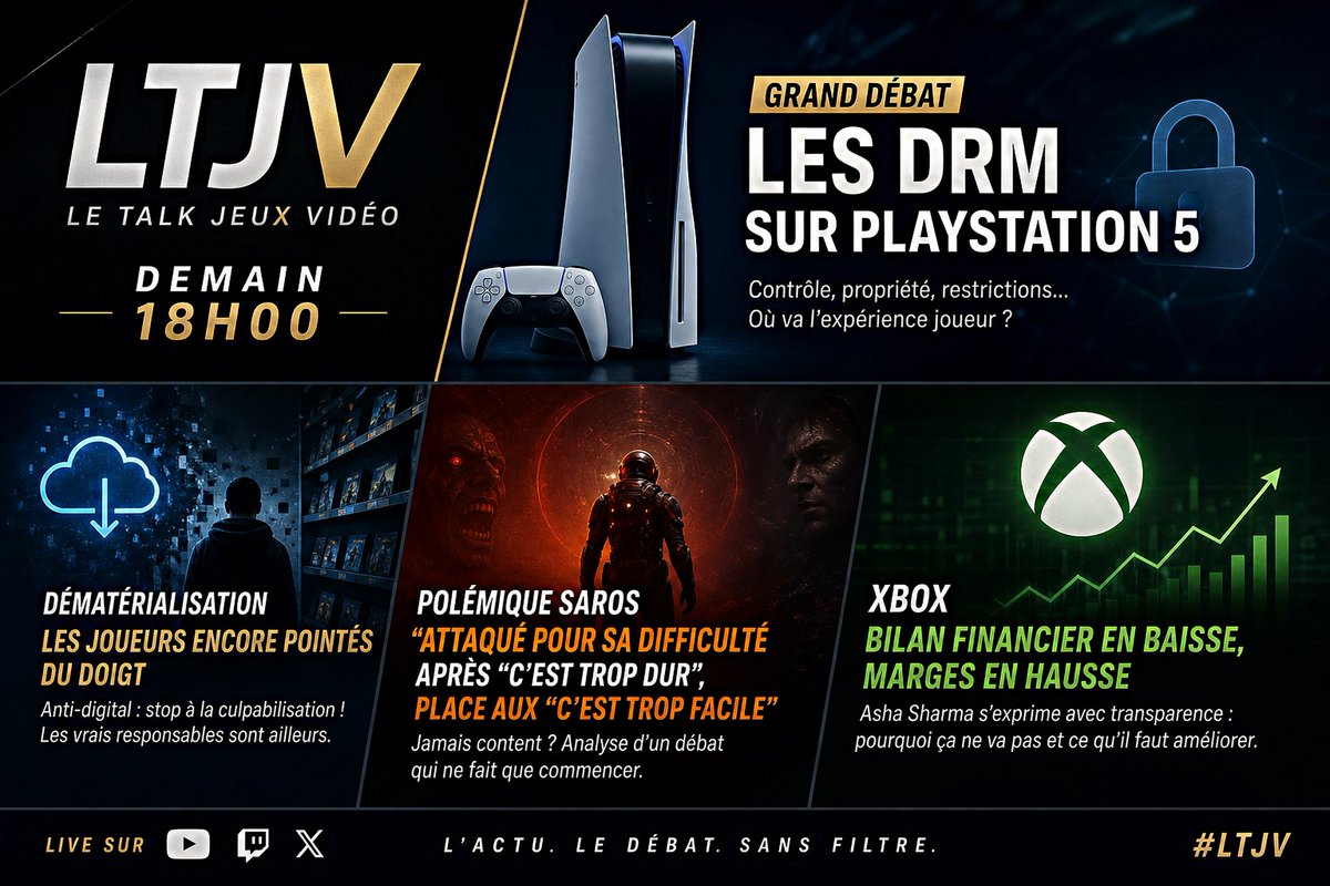 M4nd0TheReal0ne's tweet photo. Aujourd'hui a 18h gros #LTJV hot Spicy 🌶️🔥 !   Avec notre @AlfredLameche qui fait son retour.😎 RDV  à 18h sur mon Space avec la team LTJV. 

Au programme :

🎮  débat : les DRM sur #PS5  contrôle, propriété, restrictions… jusqu’où ça va ?

💿 Démat vs physique ,  les joueurs pointés du doigt par des anti démat comme étant responsables de la chute du marché physique… réalité ou faux procès ?

⚔️ Polémique #Saros : après  "c’est trop dur" , place au  " c’est trop facile" … le débat sans fin ?

📉 #Xbox : revenus en baisse, marges en hausse,  Asha Sharma s’exprime sur les difficultés et les axes d’amélioration.

 #LTJV