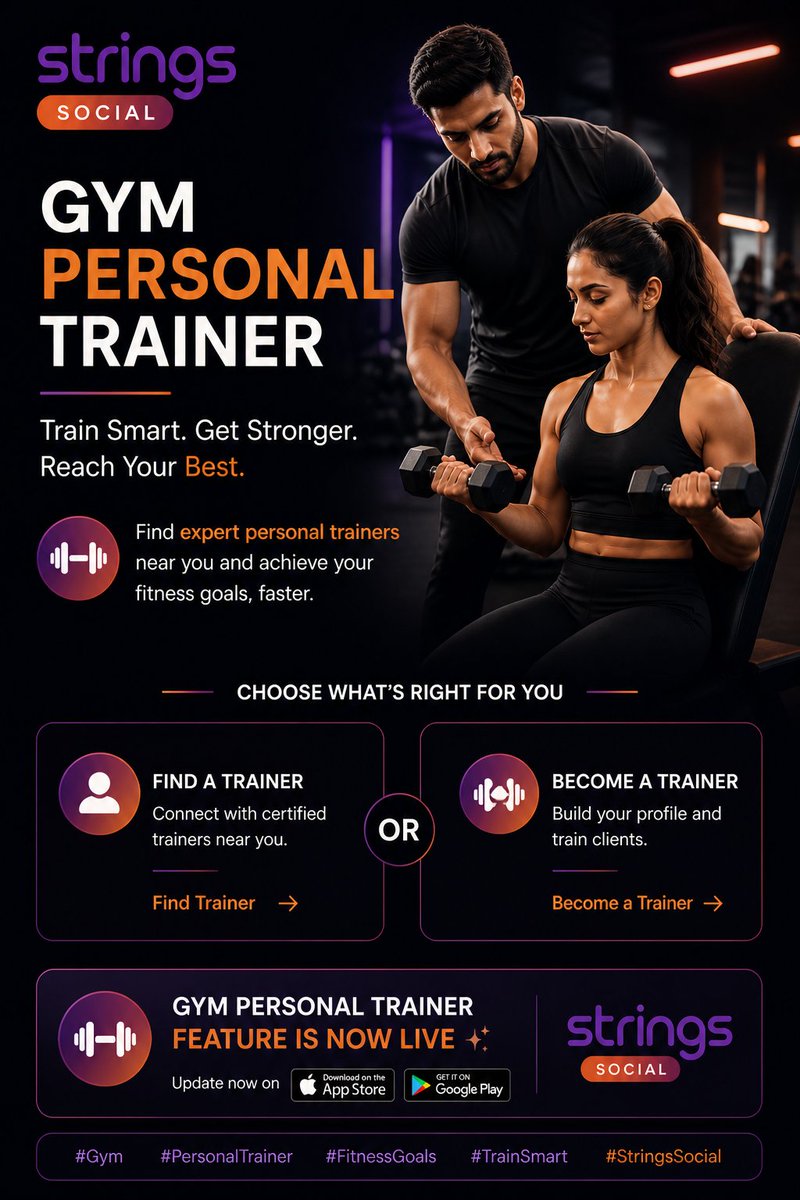 strings_social's tweet photo. Train smarter. Get stronger. Become your best. 🔥
Find expert personal trainers or start training others &amp; earn from your fitness skills.
👉 Now live on Strings Social.

#Fitness #PersonalTrainer #GymLife
#FitnessGoals #TrainSmart #StayFit
#EarnFromSkills #StringsSocial https://t.co/168IEPnl1A