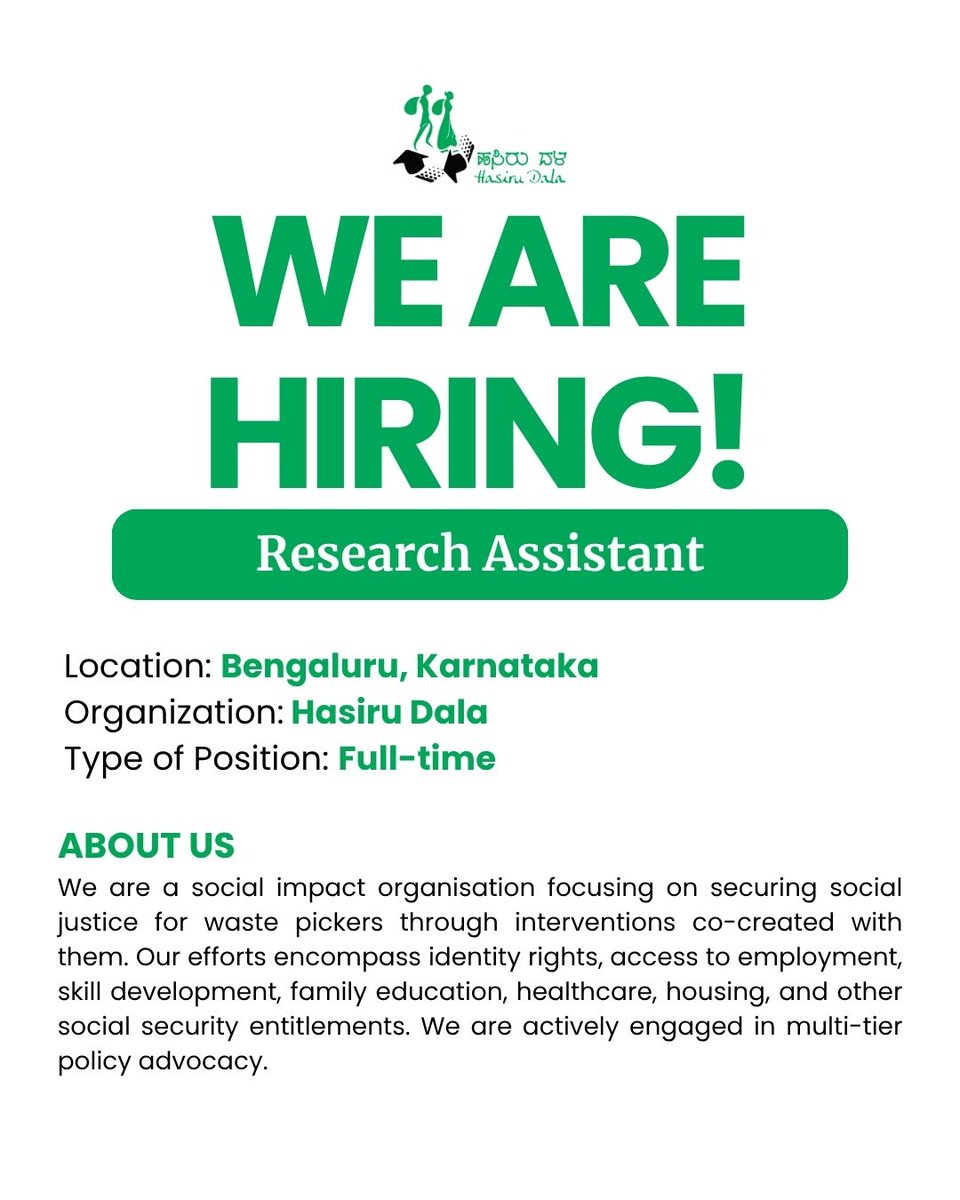 Hasiru_Dala's tweet image. We’re hiring a Research Assistant in Bengaluru!

Work on research exploring GHG emissions in waste systems and the role of the informal sector in building sustainable cities.

If you’re into data, policy, and social impact—apply now.

#WeAreHiring #ResearchJobs #ClimateAction