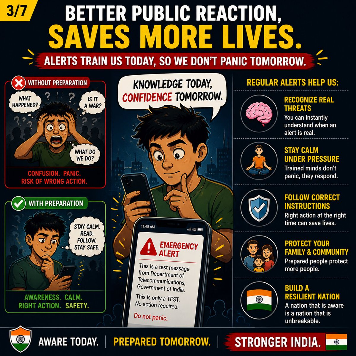 RishiCurator's tweet image. Today’s alert test was more than a drill, it was a reminder that preparedness is power.

From disasters to emergencies, a fast alert system gives people the seconds they need to act, stay calm, and stay safe. A ready India is a resilient India.

#Preparedness
#alertmessage