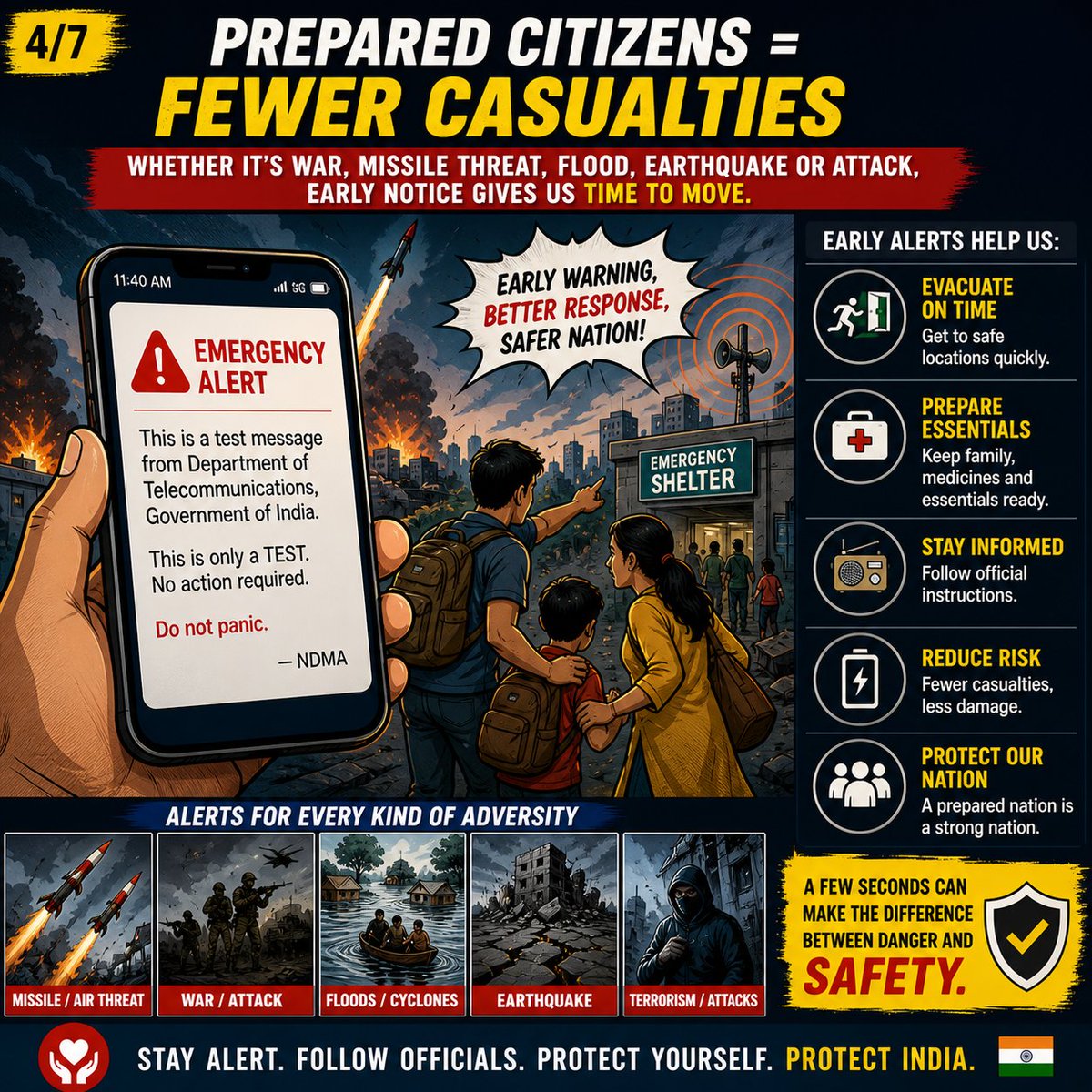 RishiCurator's tweet image. Today’s alert test was more than a drill, it was a reminder that preparedness is power.

From disasters to emergencies, a fast alert system gives people the seconds they need to act, stay calm, and stay safe. A ready India is a resilient India.

#Preparedness
#alertmessage