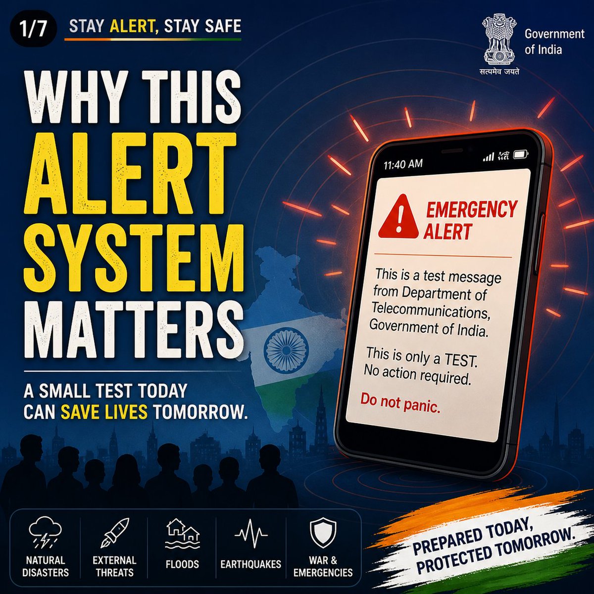 RishiCurator's tweet image. Today’s alert test was more than a drill, it was a reminder that preparedness is power.

From disasters to emergencies, a fast alert system gives people the seconds they need to act, stay calm, and stay safe. A ready India is a resilient India.

#Preparedness
#alertmessage