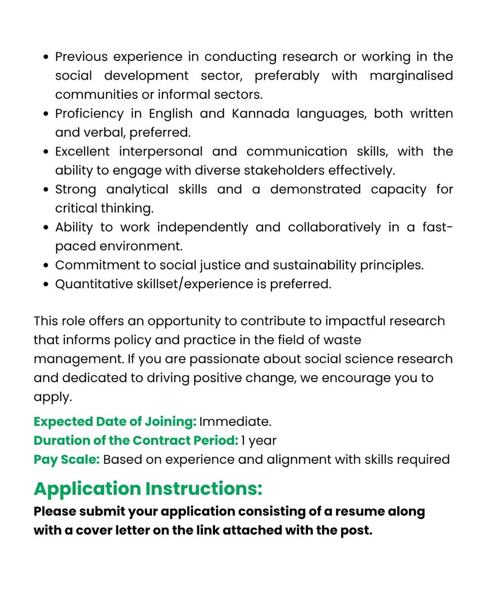 Hasiru_Dala's tweet image. We’re hiring a Research Assistant in Bengaluru!

Work on research exploring GHG emissions in waste systems and the role of the informal sector in building sustainable cities.

If you’re into data, policy, and social impact—apply now.

#WeAreHiring #ResearchJobs #ClimateAction