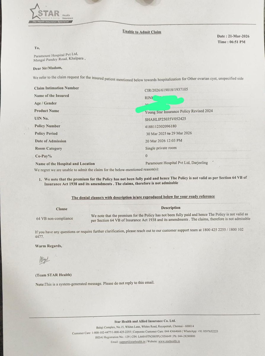 arindam_jpg's tweet image. My Star Health policy valid 30Mar25 to29Mar2026 was active, yet cashless claim rejected on 20/03/2026 hospitalization. Reimbursement claim also denied post-discharge! Unacceptable service. @StarHealth_Ins @irdaindia #InsuranceFraud #StarHealth
