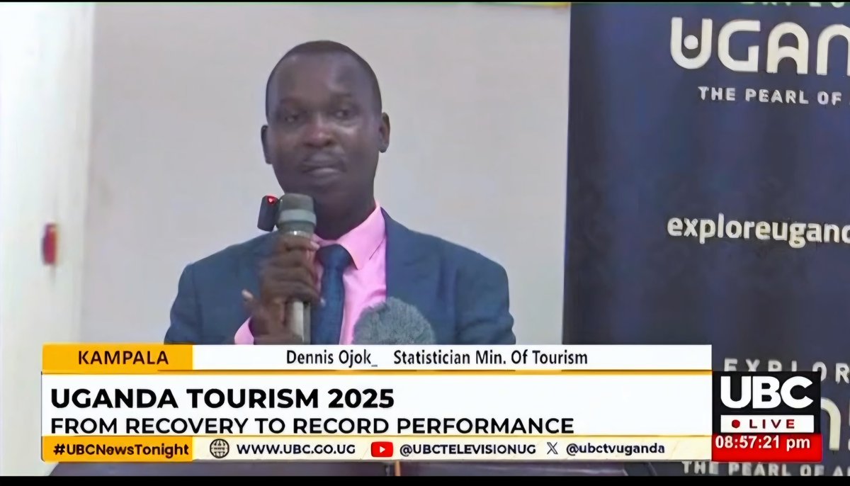 RodneyOjok's tweet photo. Honored to present Uganda’s 2025 Tourism Performance Statistics at the dissemination event held at Imperial Royale. A proud moment to showcase the sector’s growth, resilience, and impact on our economy. #TourismUganda @MTWAUganda @OlivielOfficial @ECA_OFFICIAL @GeoffreyManyar https://t.co/7EhSd5ebP8