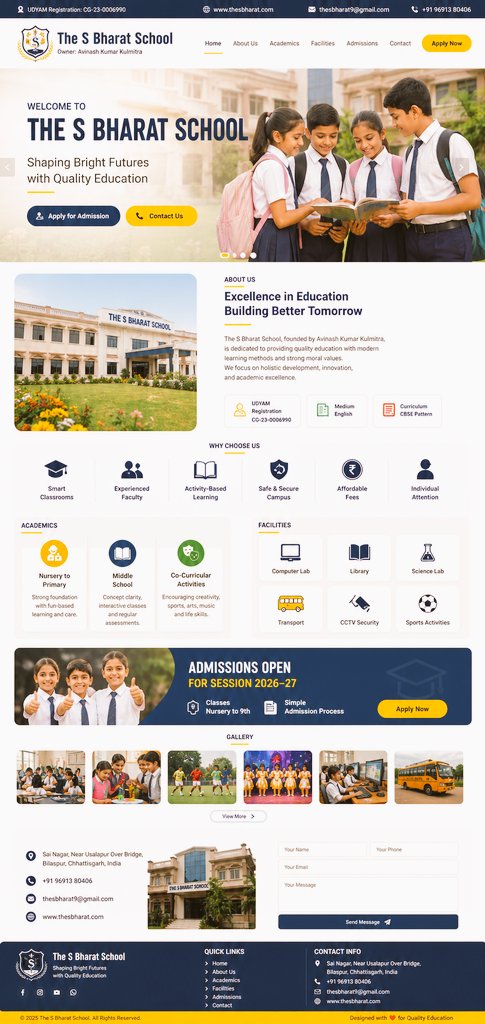 thesbharat's tweet image. 🎓 Admissions Open 2026-27!
🏫 The S Bharat School
✨ Quality Education | Smart Learning | Bright Future
👨‍🏫 Experienced Teachers
📚 Nursery to Higher Classes
📞 96913 80406
🌐 thesbharat.com
#AdmissionsOpen #School #Education #India 
Simple for School website