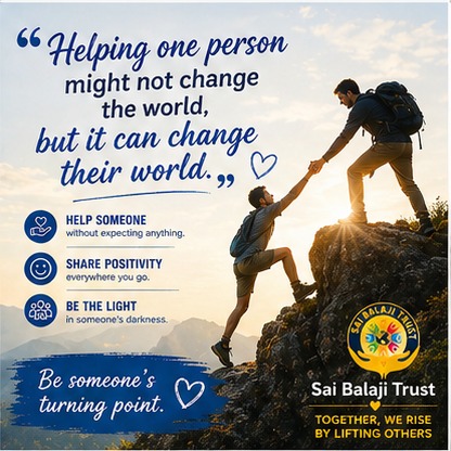 saibalaji_trust's tweet image. Be Someone’s Turning Point
Helping even one person may not change the entire world, but it can completely change their wor💙
#SaiBalajiTrust #SpreadKindness #BeTheChange #HelpOthers #PositiveImpact #HumanityFirst #KindnessMatters #InspirationDaily #Motivation #BeTheLight
