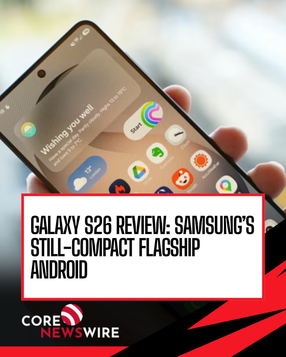 corenewswire's tweet photo. Compact, powerful, and still setting the standard  The Galaxy S26 proves you don’t need a huge phone to get flagship performance. Would you go compact or big?

#GalaxyS26 #Samsung #AndroidFlagship #TechReview #SmartphoneLovers #MobileTech #GadgetNews #TechTrends #CompactPhone https://t.co/1EvTLQQmKW
