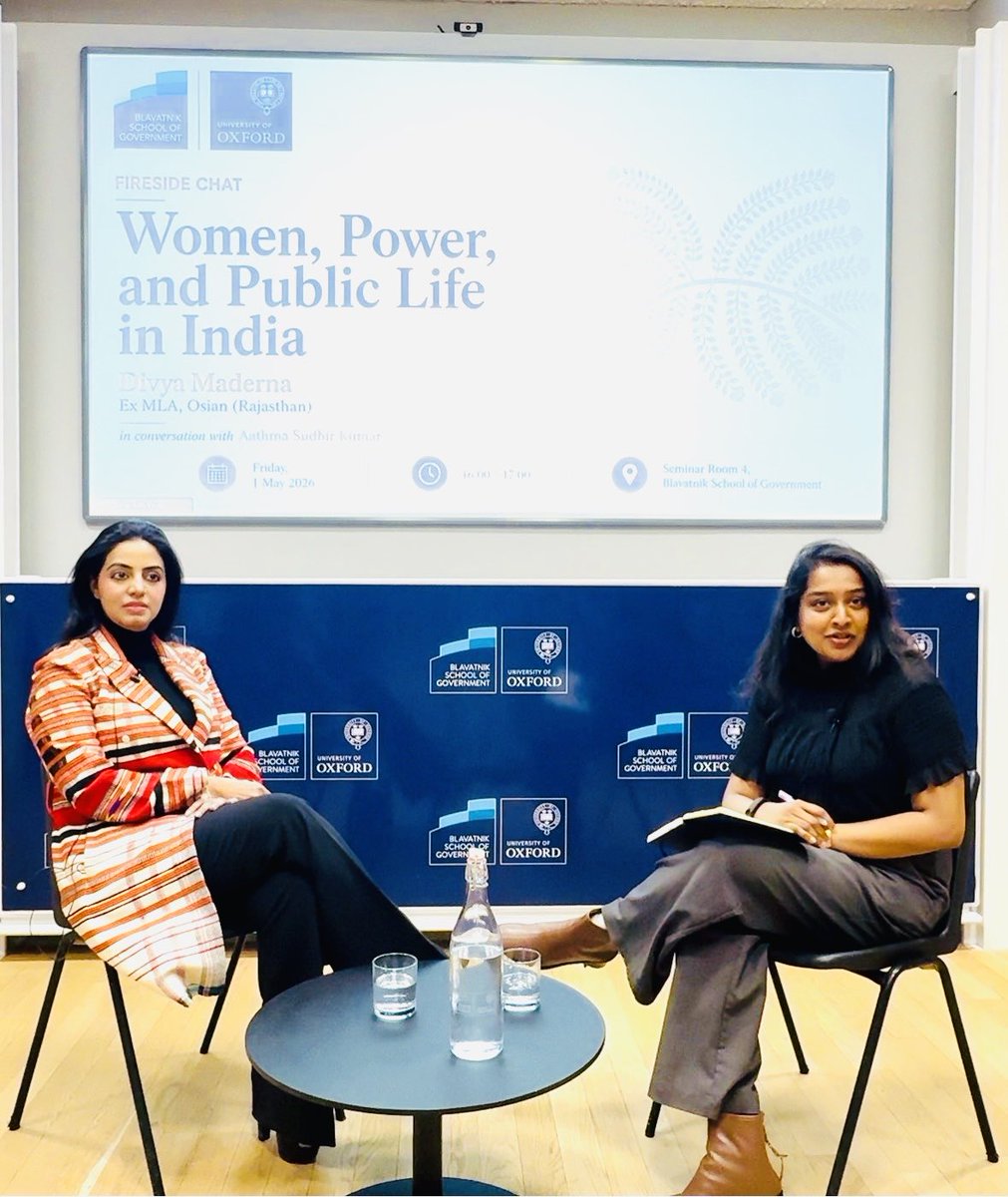 DivyaMaderna's tweet photo. 📍 University of Oxford

It was a pleasure to speak at the Blavatnik School of Government on the subject of women , power and public life in India . 

Engaging with students, researchers, faculty members, and young leaders from across the world on questions of representation, leadership, democracy, and public service was truly enriching.

Meaningful dialogue with young minds gives hope for a more inclusive and equitable future. Grateful for the thoughtful exchange of ideas and warm interaction throughout the session.

@UniofOxford @BlavatnikSchool

#DivvyaMahepalMadernnaAtOxford #WomenInPolitics #OxfordUniversity