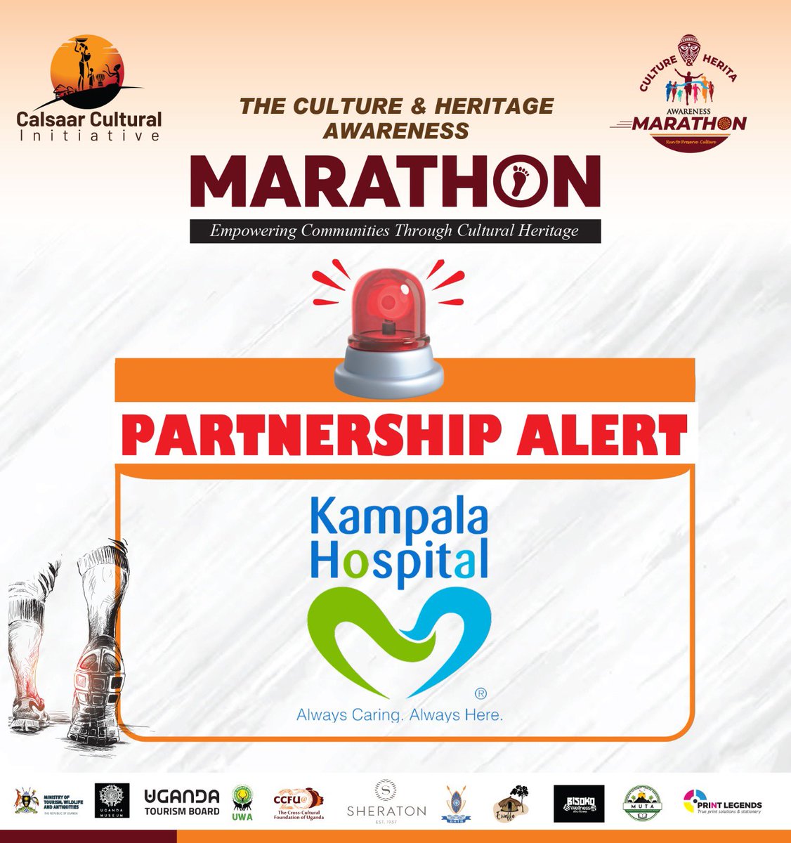 CalsaarCultural's tweet photo. 🚨‼️Partnership Alert. 

The Culture &amp; Heritage Awareness Marathon is proud to welcome Kampala Hospital on board. 

We are empowering communities through cultural heritage. Join us on May 10th, starting at Kitante Primary School. 
Registration is 30K via *217*413#.

Run with care https://t.co/SwYc9tADKm