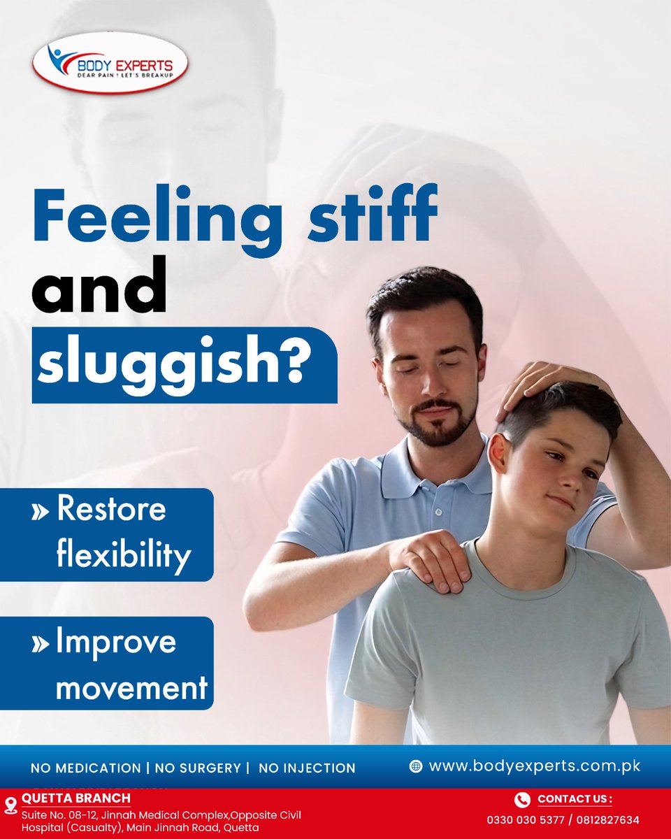 BodyExperts's tweet image. 𝐒𝐚𝐲 𝐆𝐨𝐨𝐝𝐛𝐲𝐞 𝐭𝐨 𝐒𝐭𝐢𝐟𝐟𝐧𝐞𝐬𝐬

At 𝐁𝐨𝐝𝐲 𝐄𝐱𝐩𝐞𝐫𝐭𝐬, our expert physiotherapy helps restore flexibility, and bring your body back to its best without medication, surgery, or injections  

🌐 bodyexperts.com.pk

#BodyExperts #Physiotherapy #PainRelief