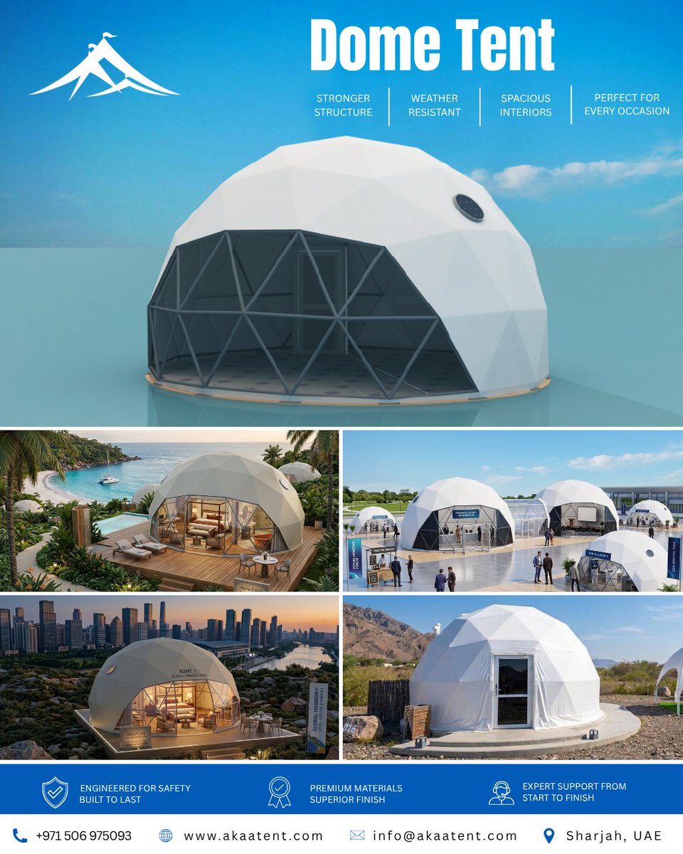 akaatentsuae's tweet image. Modern. Strong. Spacious.

Our Dome Tents are built for events, resorts &amp;amp; exhibitions across the UAE  combining durability with premium design.

📞 +971 6 5656385 | +971 506975093
🌐 akaatent.com
#DomeTent #UAETents #EventSetup #DubaiBusiness