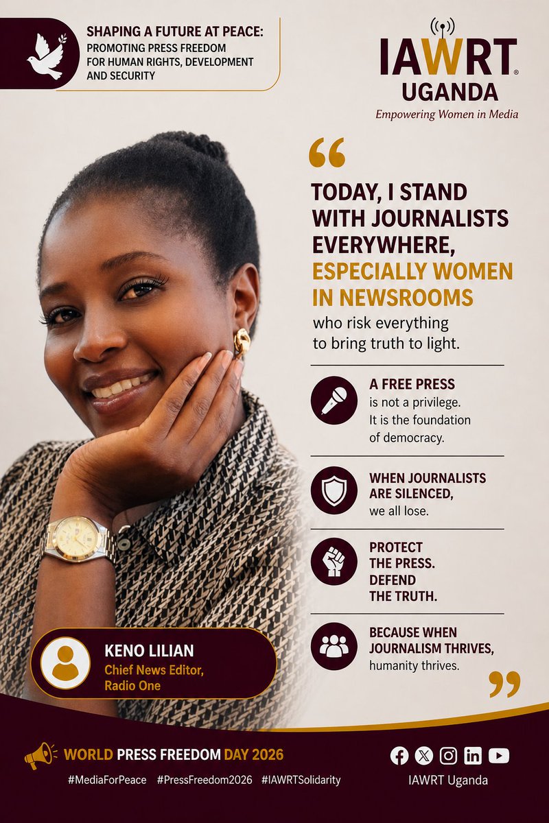 iawrt_ug's tweet photo. On #WorldPressFreedomDay2026 Keno Lilian, Chief News Editor, @RadioOneFM90, stands with journalists, especially women who risk everything to tell the truth.
A free press is the foundation of democracy. When journalists are silenced, we all lose.
#MediaForPeace #PressFreedom https://t.co/Daf9F5d02i