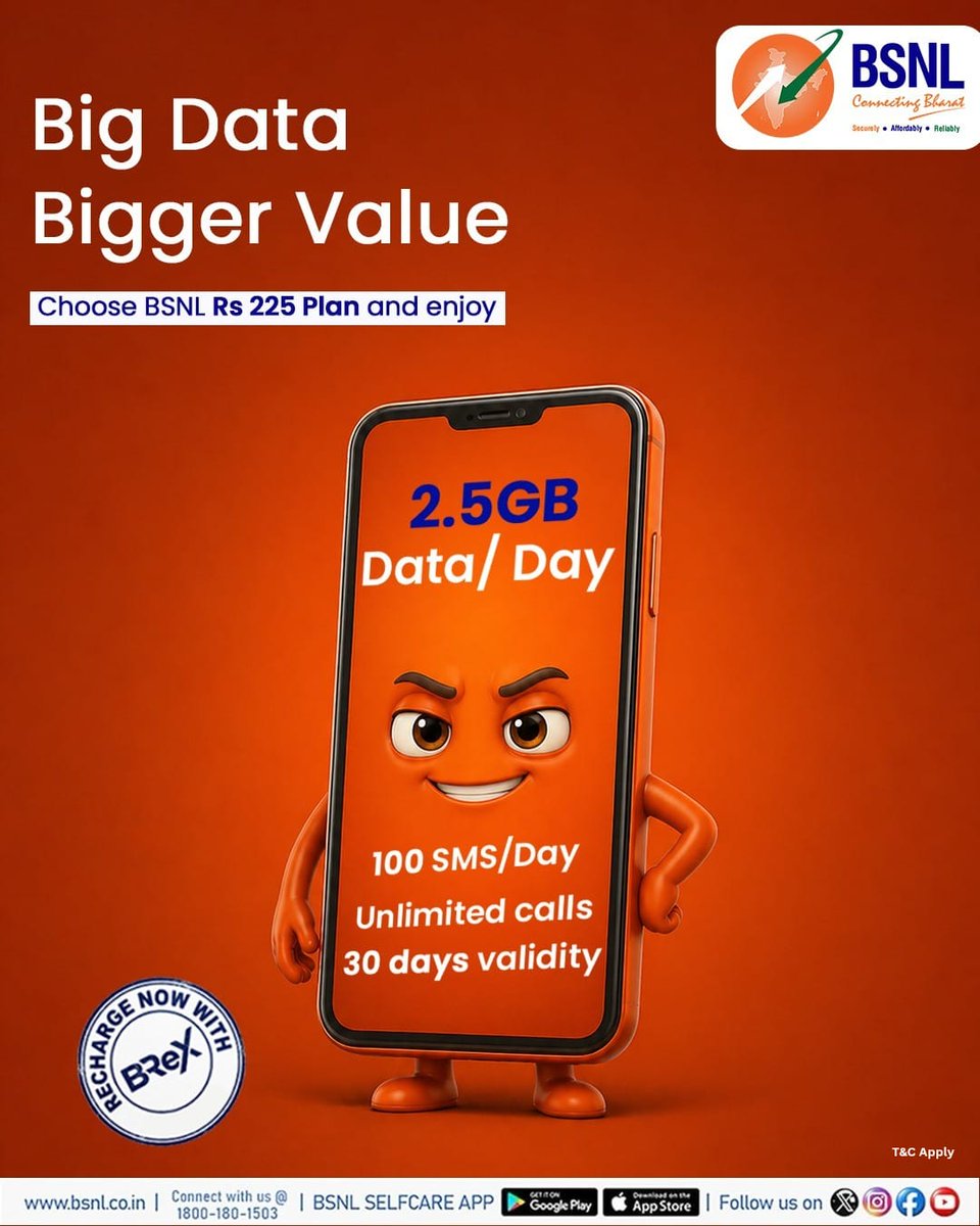 BSNL_GJ's tweet photo. Big Data = Bigger Savings! 📱
Get a massive 2.5GB Data every single day for a whole month, plus unlimited calls and 100 SMS/Day, all for just ₹225! Recharge today with BSNL.
#BSNLGUJARAT #BigData #BiggerValue #DataDaily #UnlimitedCalls RechargeNow ValuePack https://t.co/5KGrWeEKuO