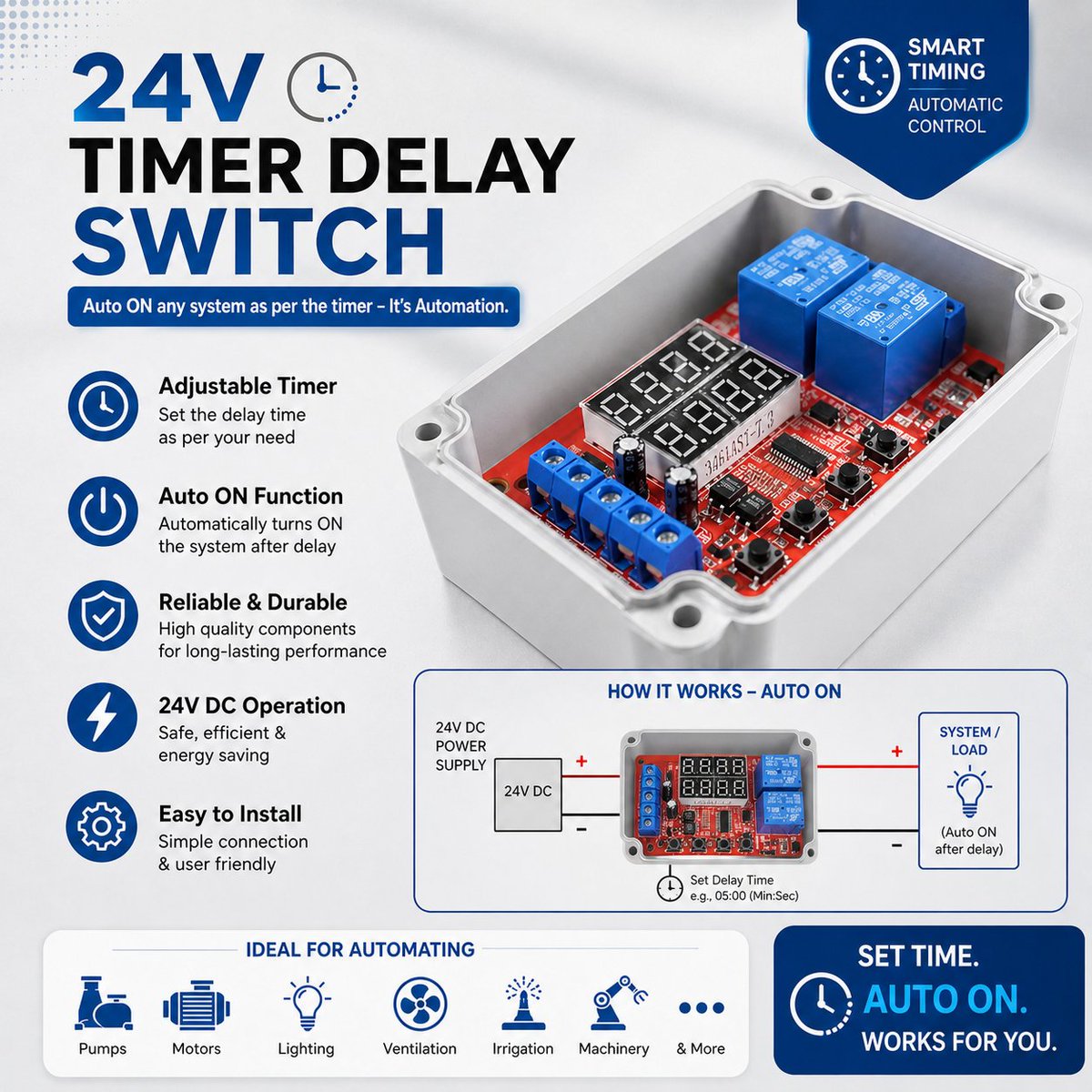 AnimagticsTech's tweet photo. Smart Automation Made Easy!

Upgrade your system with our 24V Timer Delay Switch — designed to make your work smarter, not harder.

⏱️ Set your desired delay time
🔄 Automatic ON after timer completion
🔧 Easy to install &amp; user-friendly
💡 Perfect for pumps, lighting, motors. https://t.co/zyLgtYNGkw