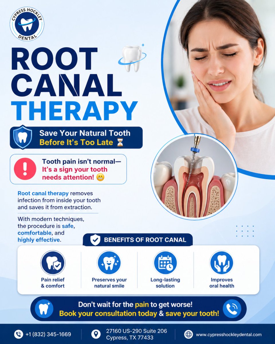DentalHockleyTx's tweet image. 🦷 Tooth pain isn’t normal! 😬

Root canal therapy can save your natural tooth &amp;amp; relieve pain safely.

✔ Pain relief
✔ Long-lasting solution
✔ Better oral health
⏳ Don’t delay treatment!
#RootCanal #ToothPain #DentalCare #OralHealth