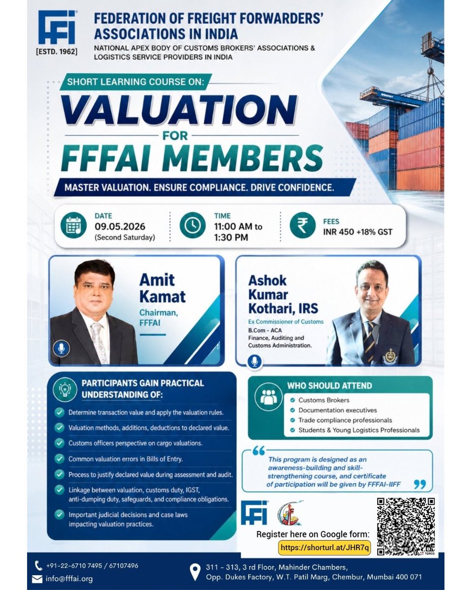 FFFAI_INDIA's tweet image. 🚀 IIFF–FFFAI launches short learning series

🎯 Topic: Customs Valuation
Learn from former Customs Commissioner Ashok Kumar Kothari

📅 9 May | ⏰ 11 AM–1:30 PM
💻 Online
💰 ₹450 + GST

📈 Build expertise. Reduce risk.

🔗 Register: docs.google.com/forms/d/e/1FAI…

#Logistics #Customs
