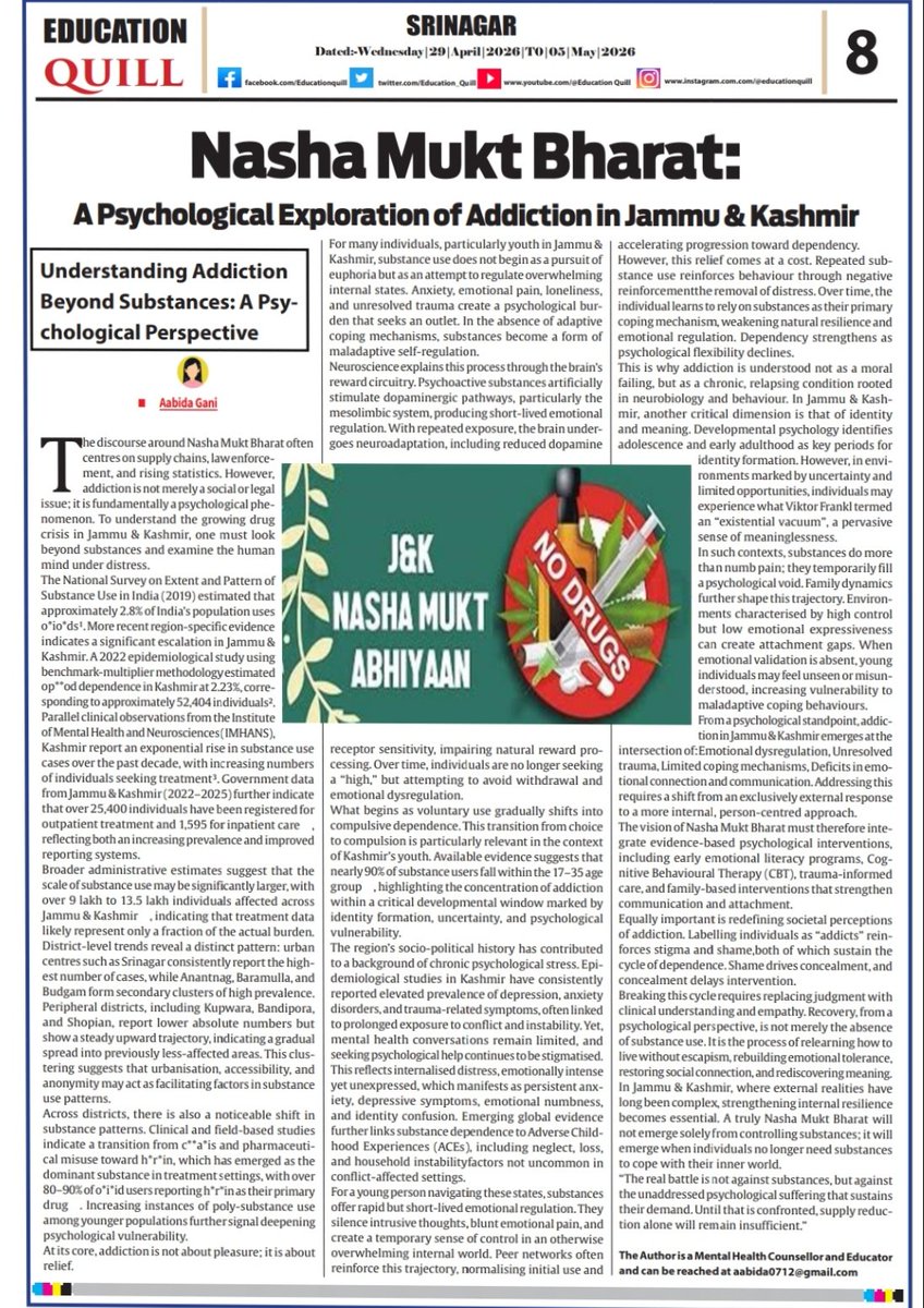 Aabida_gani's tweet photo. Glad to share my publication in Education Quill:
“Nasha Mukt Bharat: A Psychological Exploration of Addiction in Jammu &amp; Kashmir.”
#MentalHealthMatters #AddictionAwareness #NashaMuktBharat #Kashmir https://t.co/yFkSqjVSCD