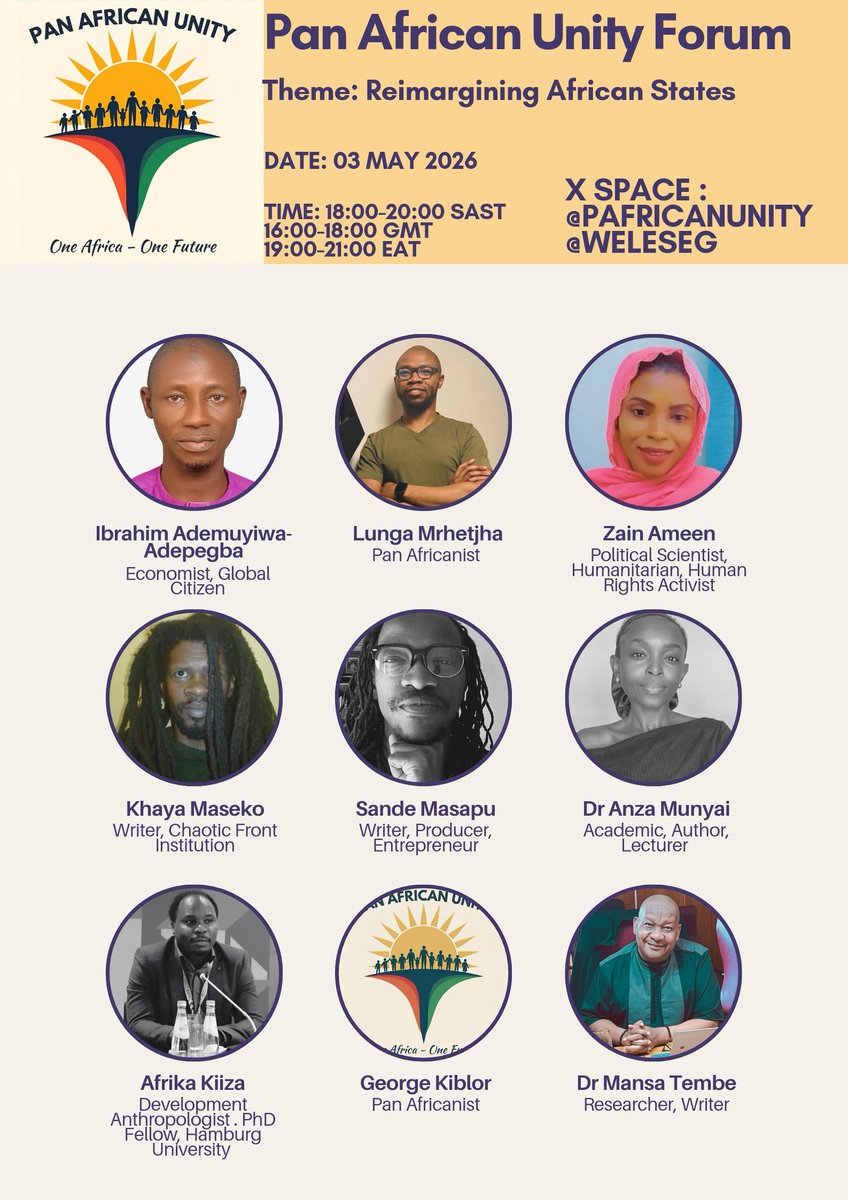 PAfricanUnity's tweet photo. Good morning.
We are back live this Sunday again with yet another interesting topic.
Please Join us as per details below. https://t.co/44IIz9ocuu