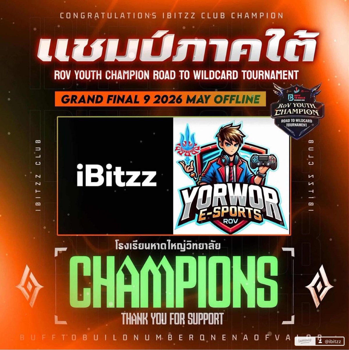 iBitzzGaming's tweet photo. 🎉iBitzz ชิงแชมป์ระดับประเทศ
สร้างชื่อกันต่อครับน้องๆ😉 

เอาแชมป์ภาคใต้มาได้แล้ว ต่อไปเอาแชมป์ระดับประเทศมาฝากพี่ทีนะครับน้องๆ พี่เป็นกำลังใจให้✌️

📣ROV YOUTH CHAMP ROAD TO WILDCARD TOURNAMENT 

ZONE C เราคว้าแชมป์ภาคใต้ เป็นตัวแทนทีมภาคใต้
พร้อมเข้าสู้การชิงแชมป์ประเท���ไทย https://t.co/r8yTv1Ch8x