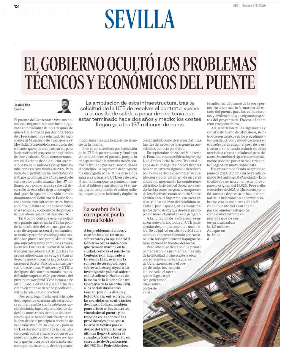 PPdeSevilla's tweet photo. El Gobierno de Sánchez y Montero ocultó los problemas técnicos y económicos del puente del Centenario. 

La ampliación debía estar terminada hace dos años y medio y ahora vuelve a la casilla de salida. El coste supera ya los 137 M€. 

Eso es el PSOE, un partido incapaz de gestionar. Un partido que sólo sabe agraviar, castigar y mentir a los sevillanos.