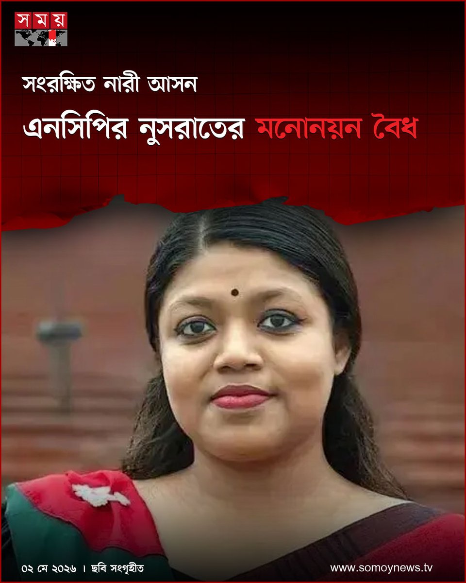 somoytv's tweet image. ত্রয়োদশ জাতীয় সংসদে সংরক্ষিত নারী আসনে এনসিপি থেকে নুসরাত তাবাসসুমের মনোনয়ন বৈধ ঘোষণা করেছে নির্বাচন কমিশন (ইসি)।

#NewsUpdate #news #nationalnews #somoytv

বিস্তারিত : somoynews.tv/news/2026-05-0…