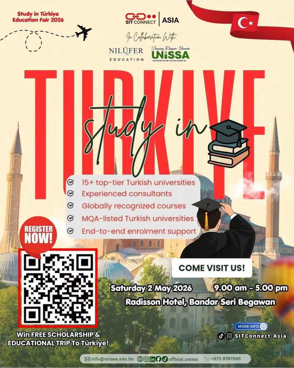hamitersoy's tweet image. Brunei Darussalam’da düzenlenen “Study in Türkiye” Eğitim Fuarı 2026 kapsamında, Türkiye’nin yükseköğretim imkanlarını uluslararası öğrencilerle buluşturduk. 🇹🇷🌍  

#StudyInTürkiye #TürkiyeBursları #HigherEducation #EducationDiplomacy #Brunei #InternationalStudents