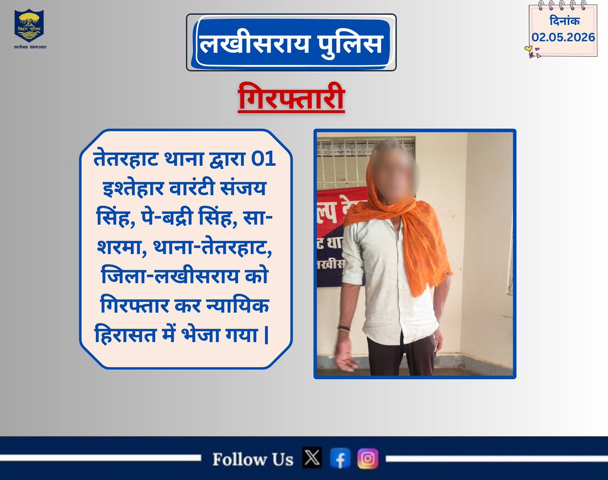 LakhisaraiP's tweet image. तेतरहाट थाना द्वारा 01 इश्तेहार वारंटी संजय सिंह, पे-बद्री सिंह, सा-शरमा, थाना-तेतरहाट, जिला-लखीसराय को गिरफ्तार कर न्यायिक हिरासत में भेजा गया |
लखीसराय पुलिस आपकी सेवा में सदैव तत्पर…🚔
#LawAndOrder #homedepartmentbihar #districtadministrationlakhisarai #HainTaiyaarHum