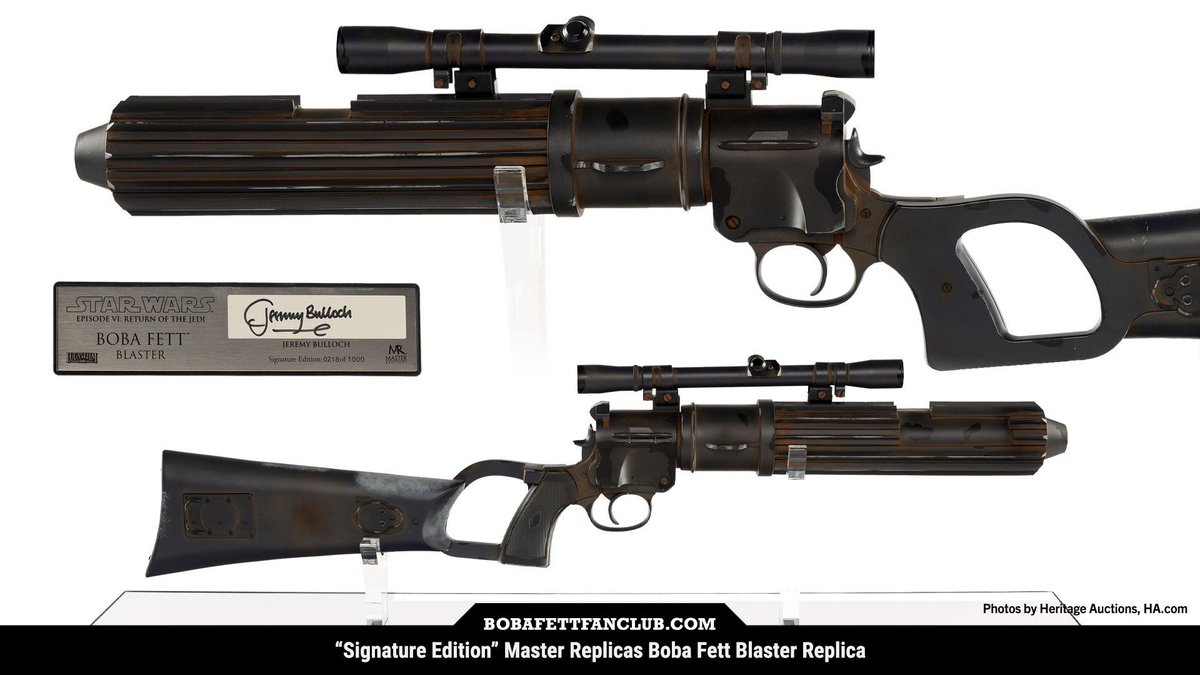 bobafettfanclub's tweet image. "What if he doesn't survive? He's worth a lot to me."

One of the limited "Signature Edition" Master Replicas #BobaFett blaster replicas from '06 is up for auction right now at @HeritageAuction: bobafett.club/heritageblaster

#StarWars #HeritageAuctions #HApartners #Ad #DailyFett (1/2)