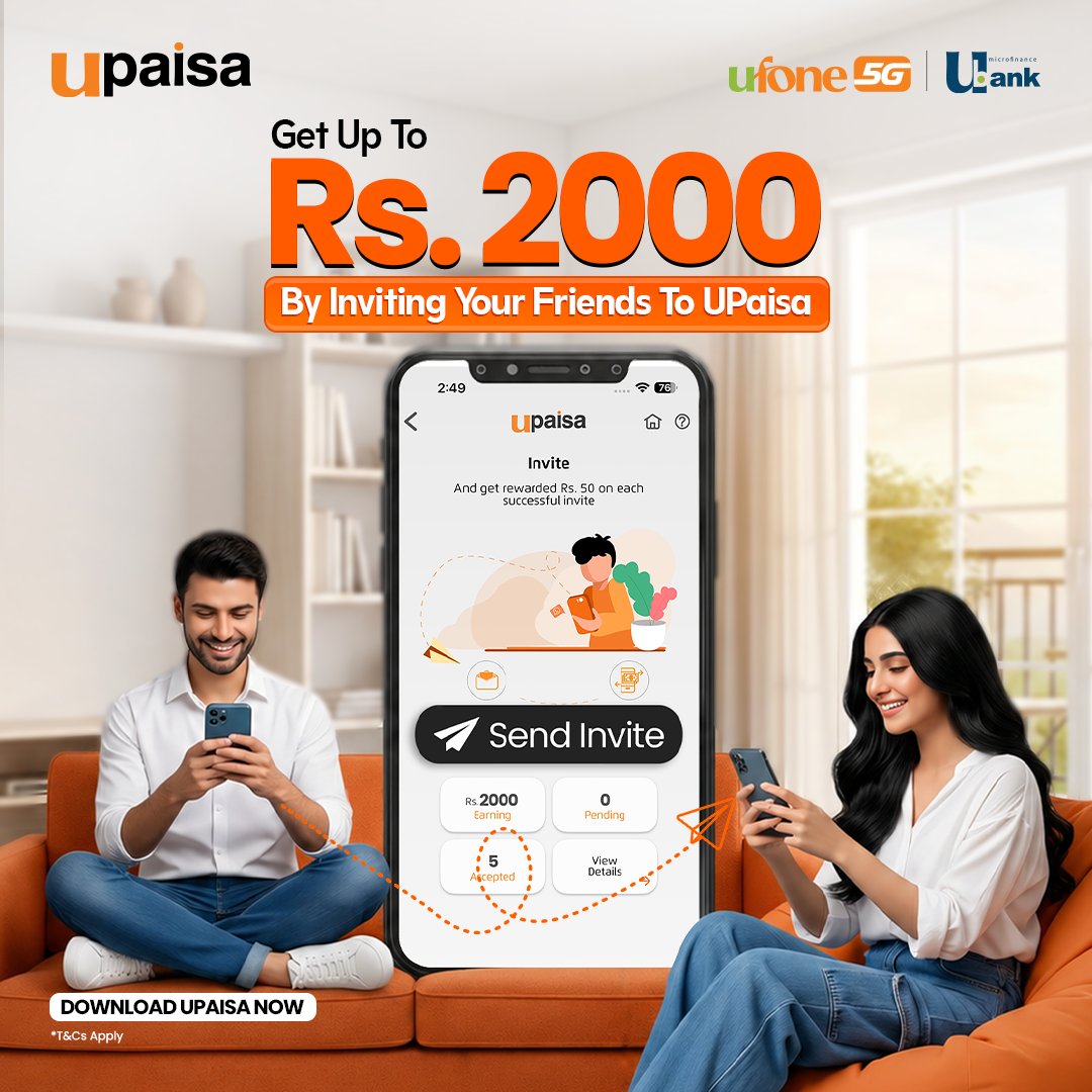 UpaisaOfficial's tweet image. Invite your friends and earn up to Rs. 2,000. 🤩
It only takes one invite to get started.

T&amp;amp;Cs Apply : bit.ly/41RvHRx

#UPaisa #Rewards #Ufone5G