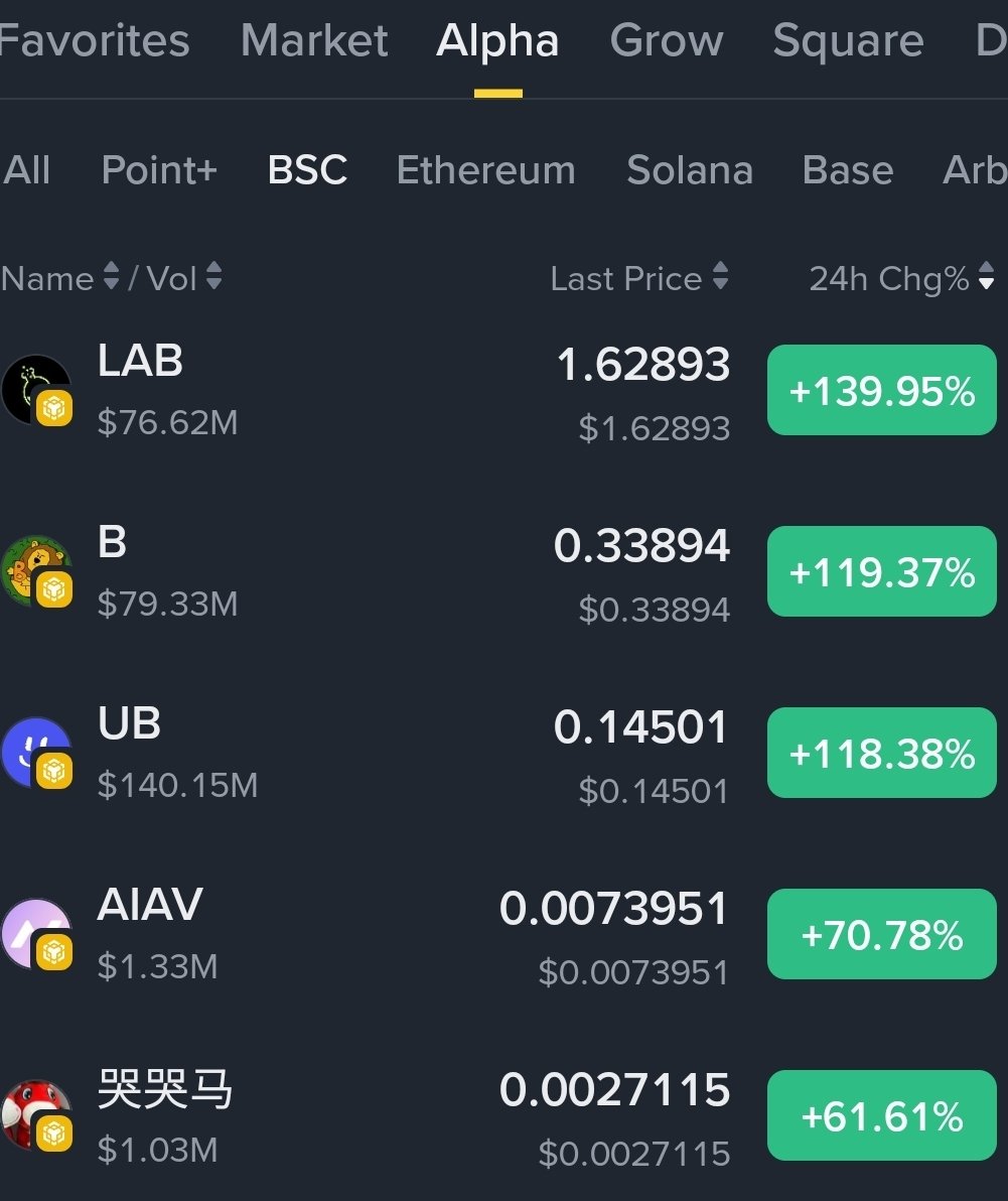 ALPHA IS ON FIRE! 🔥🚀

Low-caps going absolutely nuclear right now:

$LAB +139.95%

$B +119.37%

$UB +118.38%

$AIAV +70.8%

哭哭马 +61.6%

Multiple coins up over 60–140% in 24h — this is pure alpha chaos!

Which one is pumping your bags the hardest today?

#Crypto #Gainers