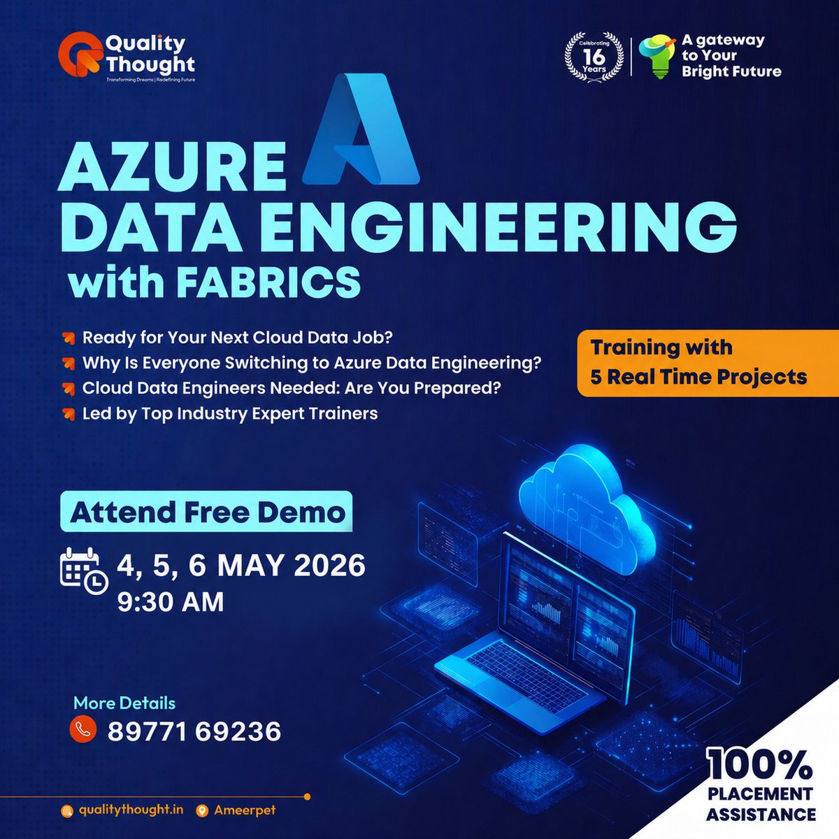 QTTWorld's tweet photo. 🤔Join the Azure Data Engineering with Fabrics demo at Quality Thought and walk through end‑to‑end.
📅4th, 05th &amp; 06th May | ⏰09:30 AM
✅Enroll Now: https://t.co/pXiw5pd7q6
📞89771 69236
🔗WhatsApp Channel: https://t.co/dyhzVb4cix
📍Ameerpet
#AzureDataEngineering #QualityThought https://t.co/xM7uxuWxfR