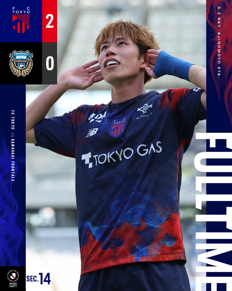 🔵🔴
𝐅𝐔𝐋𝐋 𝐓𝐈𝐌𝐄 #エニタイムフィットネスDay

明治安田Ｊ１百年構想リーグ第14節
#FC東京 2-0 #川崎フロンターレ

前半終盤に #佐藤恵允 選手の得点で先制、後半には #野澤零温 が今シーズン初ゴールを決めて4連勝!!🙌🙌

本日も #味の素スタジアム