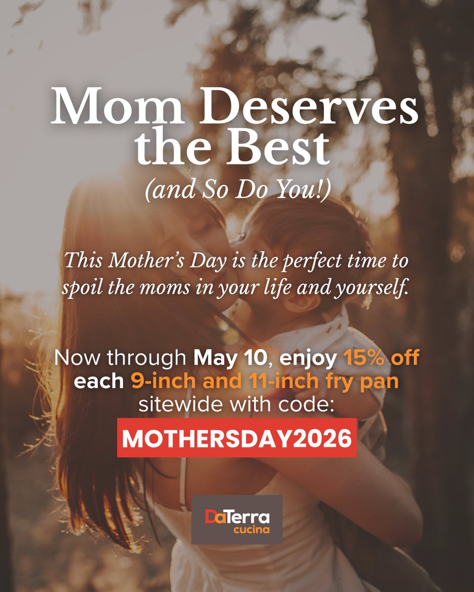 DaTerraCucina's tweet image. For your mom, for someone who has been like a mom to you, or even for yourself. 

Take 15% off each 9-inch and 11-inch fry pan now through May 10. Use code MOTHERSDAY2026 and shop now.

#MothersDayGiftIdeas #CookwareSale #HomeCooking #DaTerraCucina #KitchenUpgrade #Thoughtful