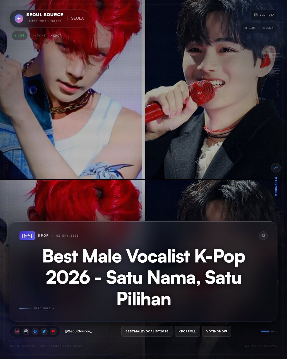 kpopdankdramaid's tweet image. SeoulSource lagi ngadain poll Best Male Vocalist K-Pop 2026! Siapa pilihan kalian? Vote sekarang dan share alasannya! #KPoll #KPop #BestVocalist #2026

 Read More: threads.com/@seoulsource_
-Seola