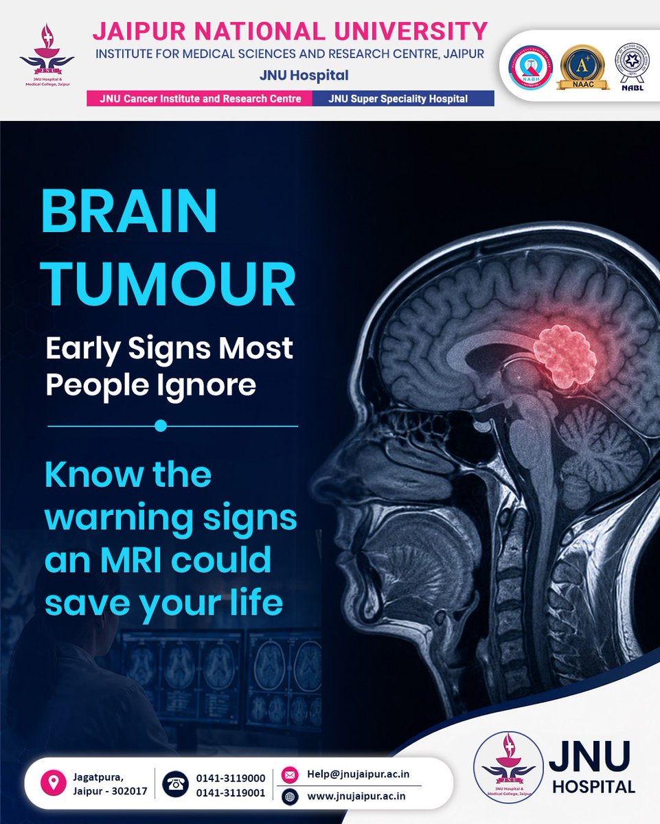 JnuHospital's tweet image. Brain Tumour: Persistent headaches. Sudden vision changes. Unexplained seizures.
These may be early signs. MRI is the first diagnostic step.
JNU Hospital Jaipur, dedicated Neurosurgery unit.
Get your MRI &amp;amp; neurosurgery consultation today.

#BrainTumour #Neurosurgery #JNUHospital