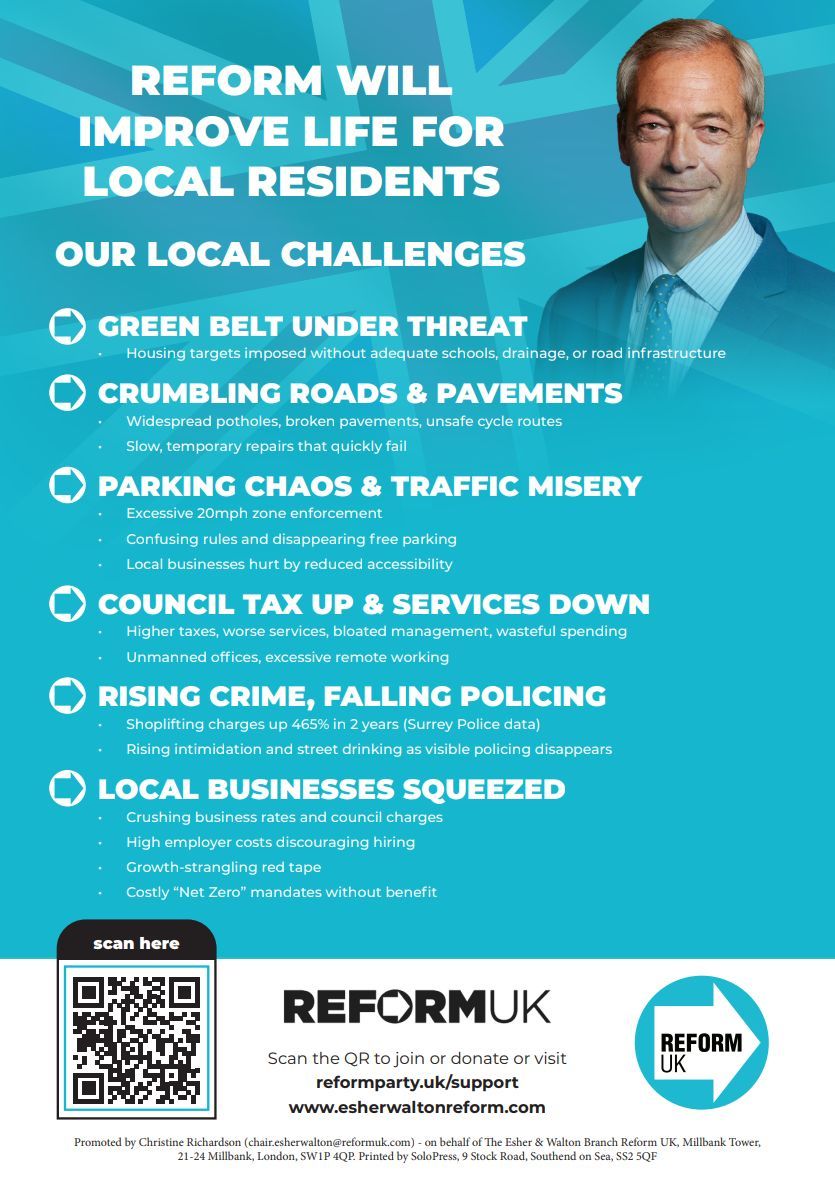 ReformEW's tweet image. Reform will improve life for local residents. 

1. Protect the Greenbelt, prioritise Brownfields
2. Fix our roads
3. Restore parking sanity
4. Cut Council waste
5. Back ur Police
6 Support local Businesses

Vote Reform on May 7th 

#reform #elmbridge #surrey