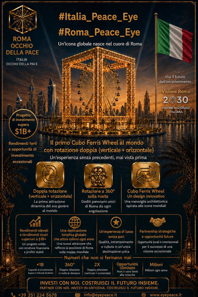 eye_peace56677's tweet image. #Italia_Peace_Eye
#Roma_Peace_Eye

🧭Global Roma landmark
🔄🎡🔂#Luxury panoramic cube

2-axis rotation | 360° Roma
💰1B$/year©️IP

👥1M visitors/year

✨New
generation global tourist destination
📩info@eyepeace.cnm

#Italia #Roma #Milano #Venezia #Turismo #Investimenti #business