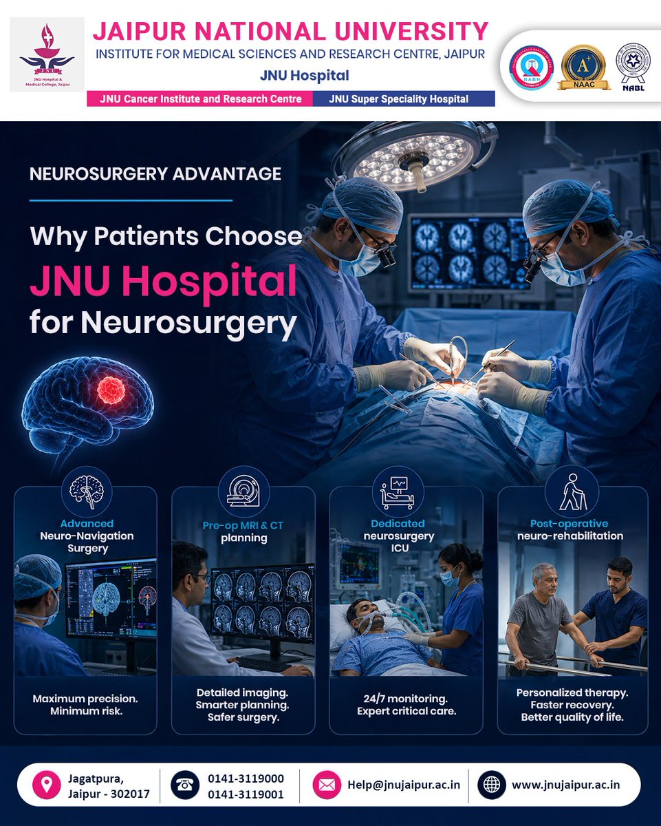 JnuHospital's tweet image. Brain Tumour: Persistent headaches. Sudden vision changes. Unexplained seizures.
These may be early signs. MRI is the first diagnostic step.
JNU Hospital Jaipur, dedicated Neurosurgery unit.
Get your MRI &amp;amp; neurosurgery consultation today.

#BrainTumour #Neurosurgery #JNUHospital