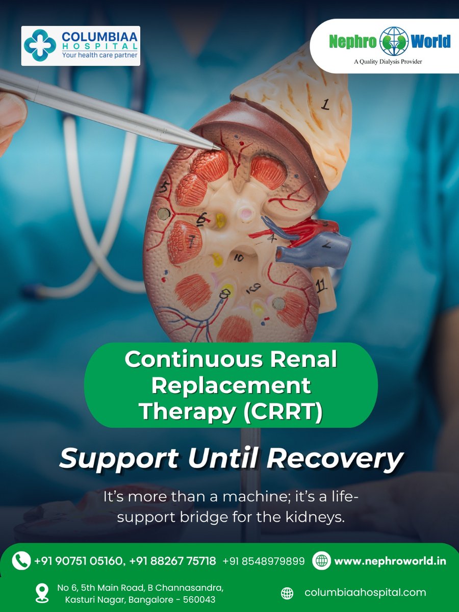 columbiaahosp's tweet image. CRRT (Continuous Renal Replacement Therapy)
CRRT offers continuous life-support for critically ill patients with kidney failure, ensuring stability and recovery support.
Nephro World | Columbiaa Hospital
#CRRT #CriticalCare #KidneyHealth #TrendingNow #Viral