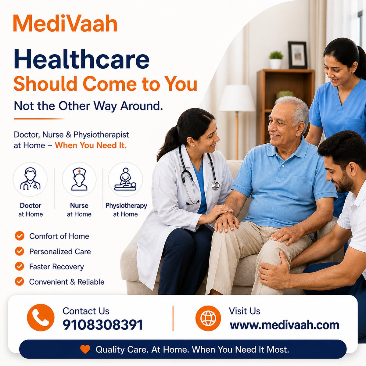 medivaah's tweet image. 🚨 Healthcare Should Come to You—Not the Other Way Around, 
🏥 MediVaah Homecare Services
Doctor | Nurse | Physiotherapy at Home
📞 Contact us: 9108308391
🌐 Visit us: medivaah.com
💬 Would you prefer hospital visits or home-based care for your loved ones?
#Homecare